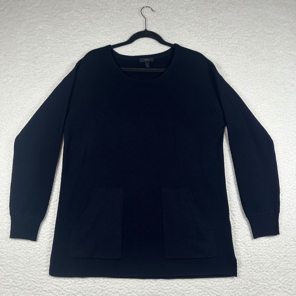 J.Crew Merino Wool Sweater Womens Pocket Front Tunic Navy Blue L Minimalist